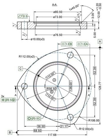 Stalen 76mm flens voor turbinehuis R=112mm